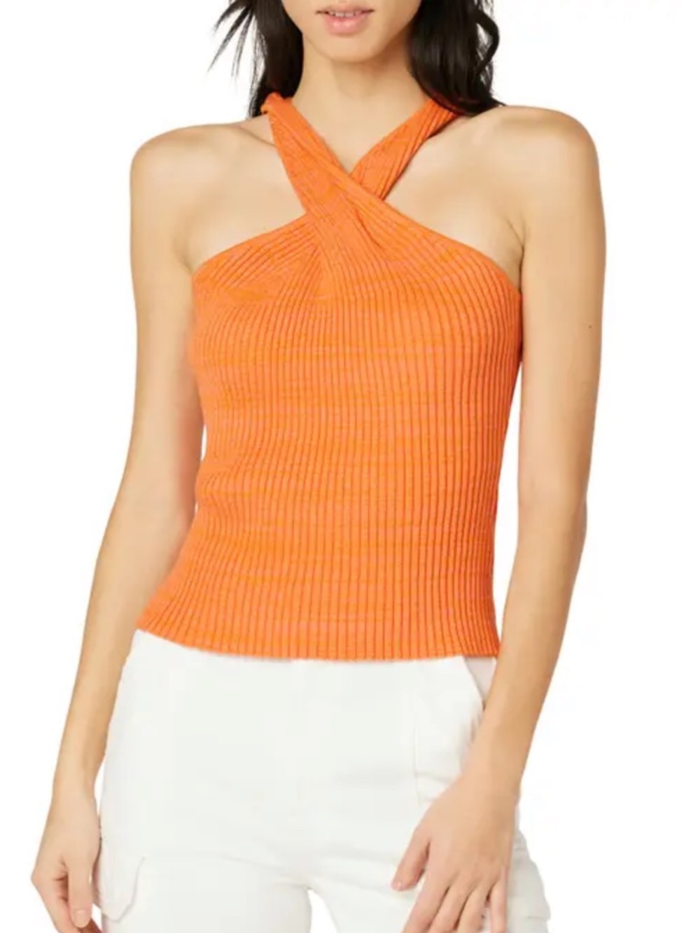 Hudson Papaya Spark Crossover Halter Neck Ribbed Knit Top Cotton Silk Blend XS